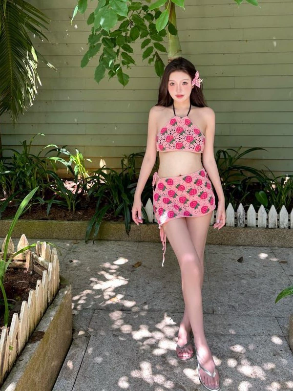 (Cross-border trading), cute knitted strawberry, set, swimwear, lifting effect, 3 piece set