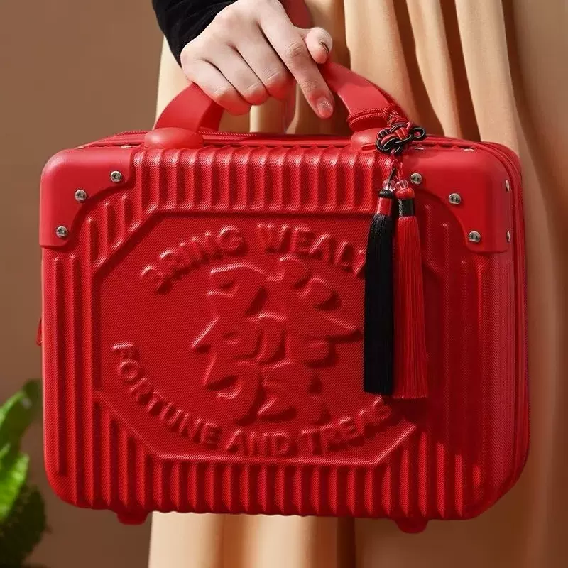 新年礼品盒红色發手提箱14寸化妆箱迷你小行李箱伴手礼小型密码箱