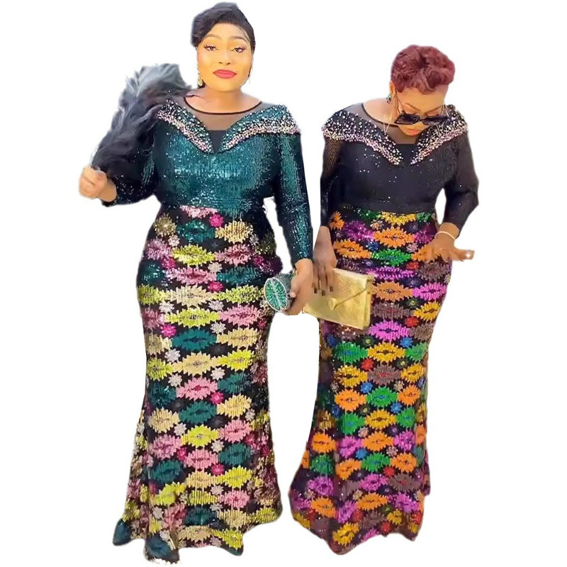 Special Offer African Non-Cross-Border Source New Fashion Long-Sleeved Sequin Evening Dress Women's Slim-Fit Fishtail Dress