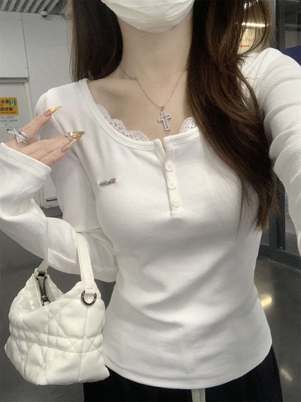 半开领蕾丝纽扣长袖T恤女2025春秋修身1韩系甜美chic内搭打底上衣|undefined