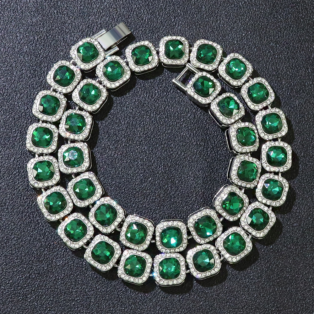 Hip-Hop Vierkante Volledige Diamant Groene Rots Candy Ketting Coole Streetdance Motorfiets Stijl Sleutelbeen Halsketting_voghion.com