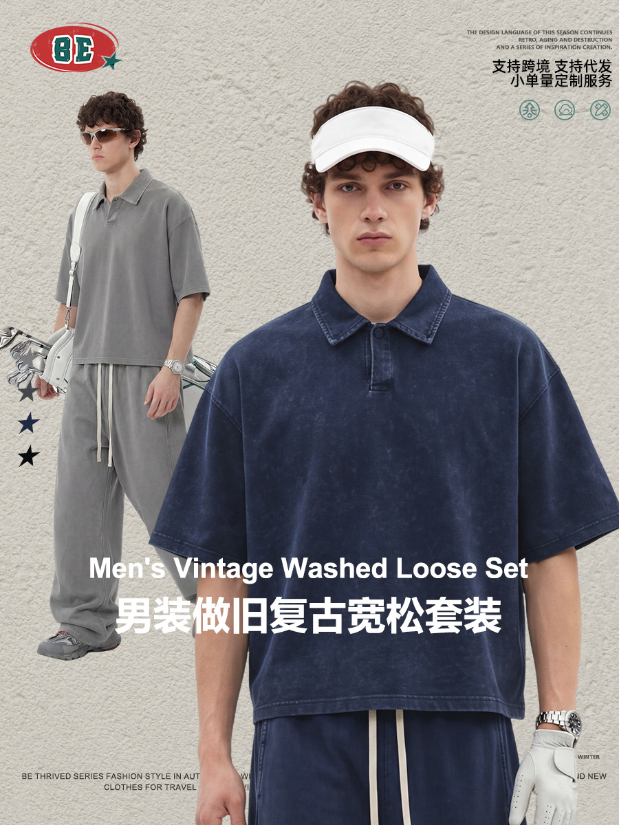 Be Hombres| Polo retro americano con solapa de mangas cortas macheta pantalones rectos de dos piezas set de ocio deportivo