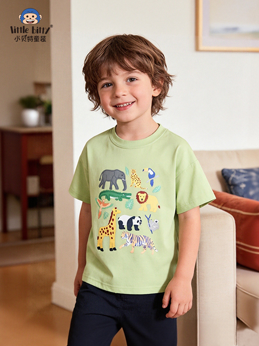 Cross-Border Supply 2026 Spring/Summer Children's T-Shirt Cartoon Animal Round Neck Printed Boys' Top In-Stock Clothing