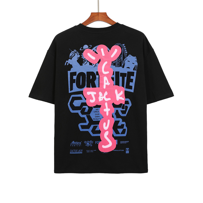 Cross-Border Travis Scott Fortnite Creative Trendy Brand Loose Round Neck Pure Cotton Short-Sleeved T-Shirt for Men and Women