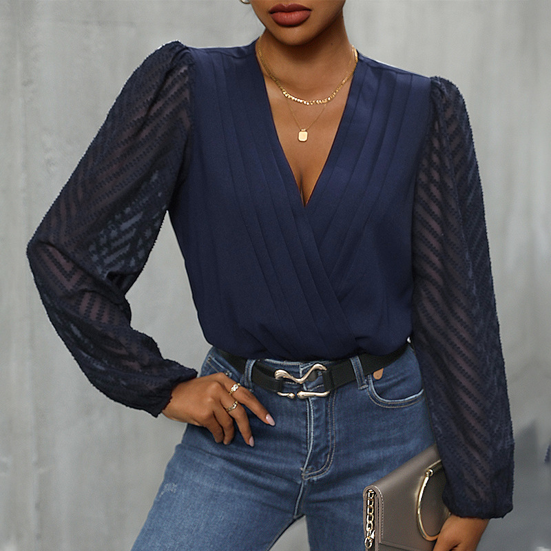 Gespleißtes, langärmliges, durchsichtiges Pendler-Pulloverhemd aus Netzstoff_voghion.com