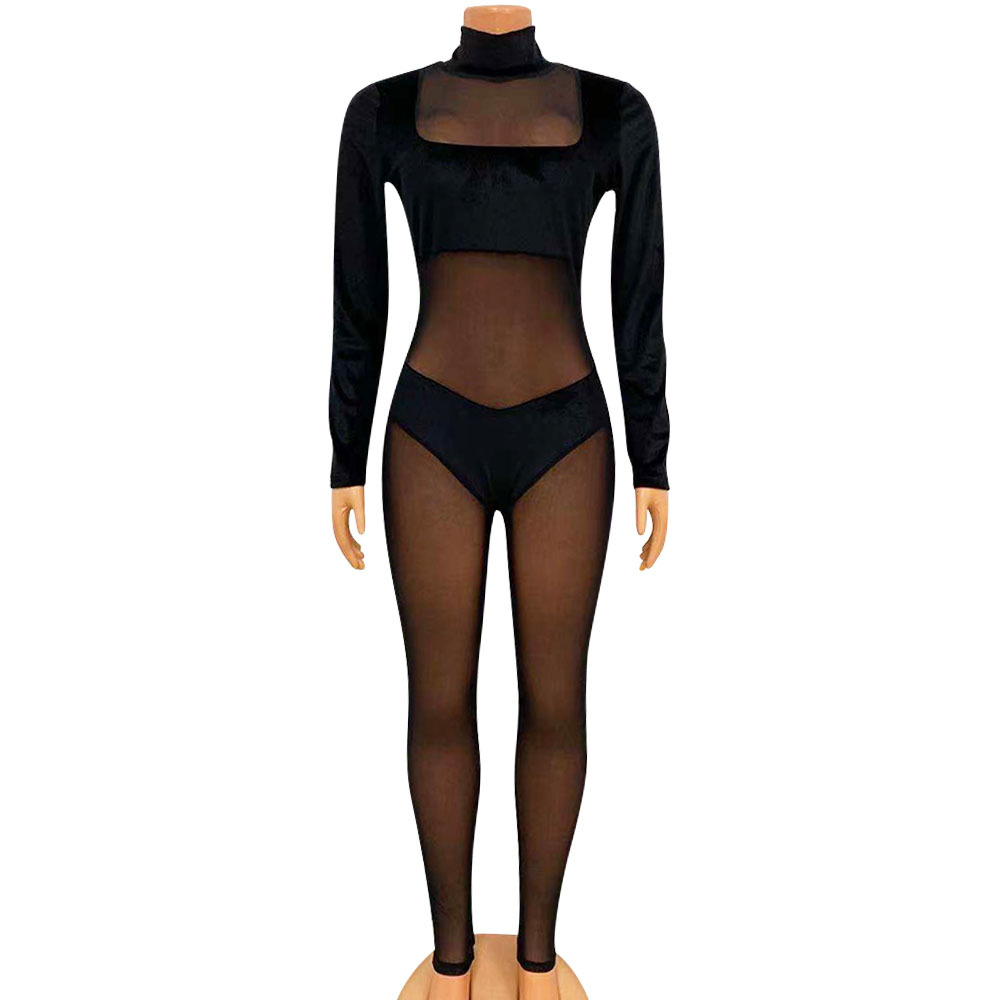Women's fashion sexy mesh velvet splicing solid color jumpsuit_voghion.com