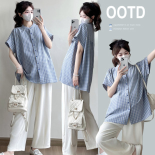 Real shot 2025 summer new maternity shirt shirt plus size -3