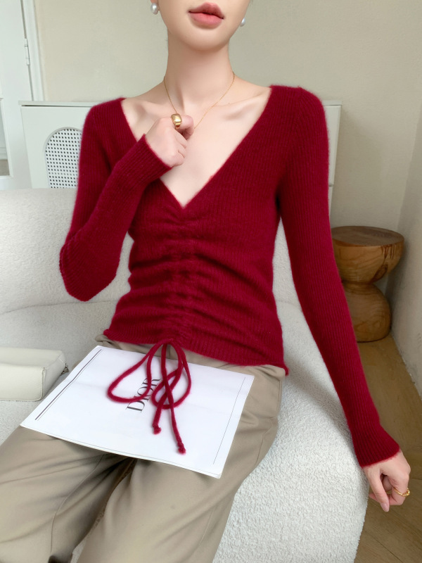 设计感~时尚V领抽绳系带修身显瘦山羊绒女内搭羊毛针织打底衫批发|undefined