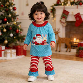 春秋儿童欧美风婴幼童圣诞系列童装卡通麋鹿圣诞老人印花图案套装
