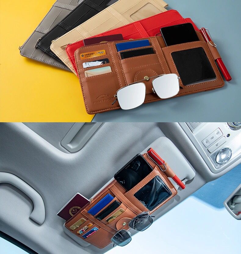 Car-Mounted Storage Double Zipper Bag Sun Visor Cover Multifunctional Driver's License and Ticket Card Holder Storage Set with Eye Clip