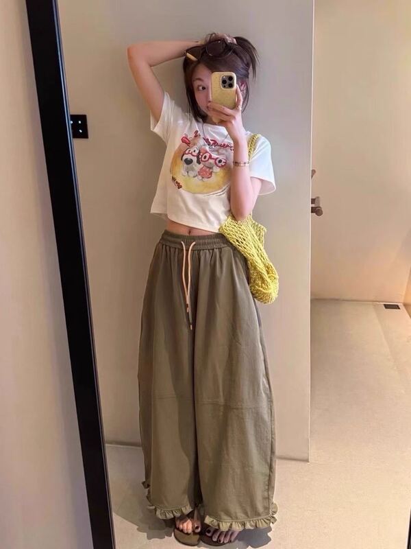 韩系松紧腰抽绳木耳花边休闲裤女2025秋季新款显瘦百搭阔腿直筒裤|undefined