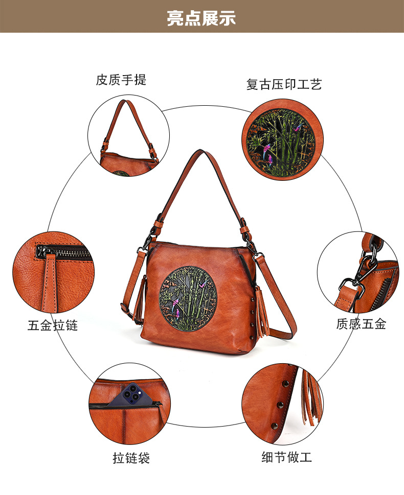 Túi bucket nữ da mềm kiểu dáng cổ điển, đeo chéo đeo vai tiện lợi — Màu cà phê cổ điển, màu đen cổ điển, màu nâu cổ điển chi tiết 4