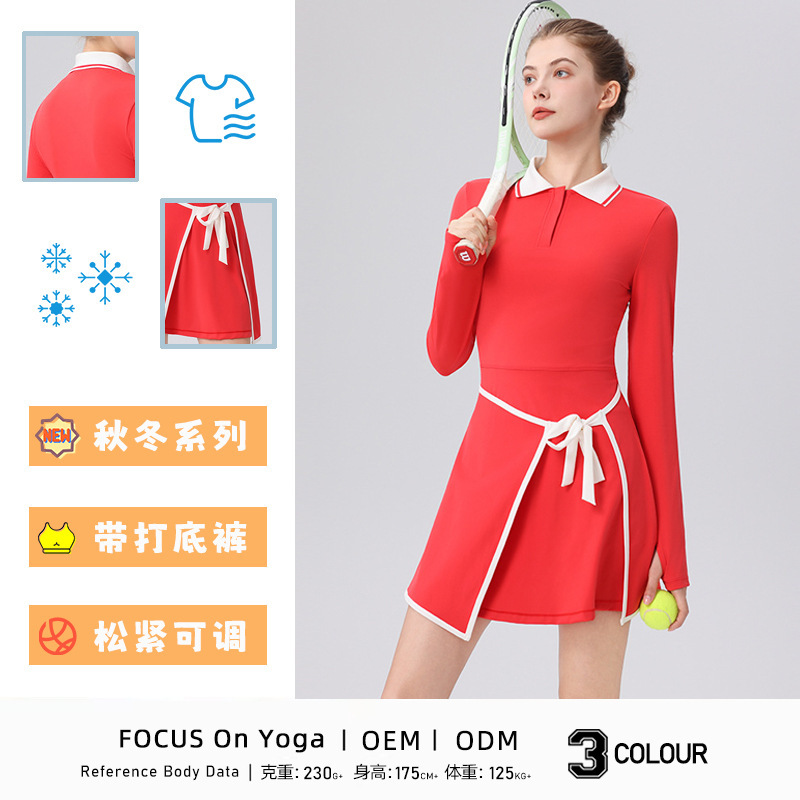Autumn and Winter Long-Sleeved Tennis Dress with Spliced Lace-Up Design, Hip-Covering and Safety Pants, Outdoor Sports Skirt