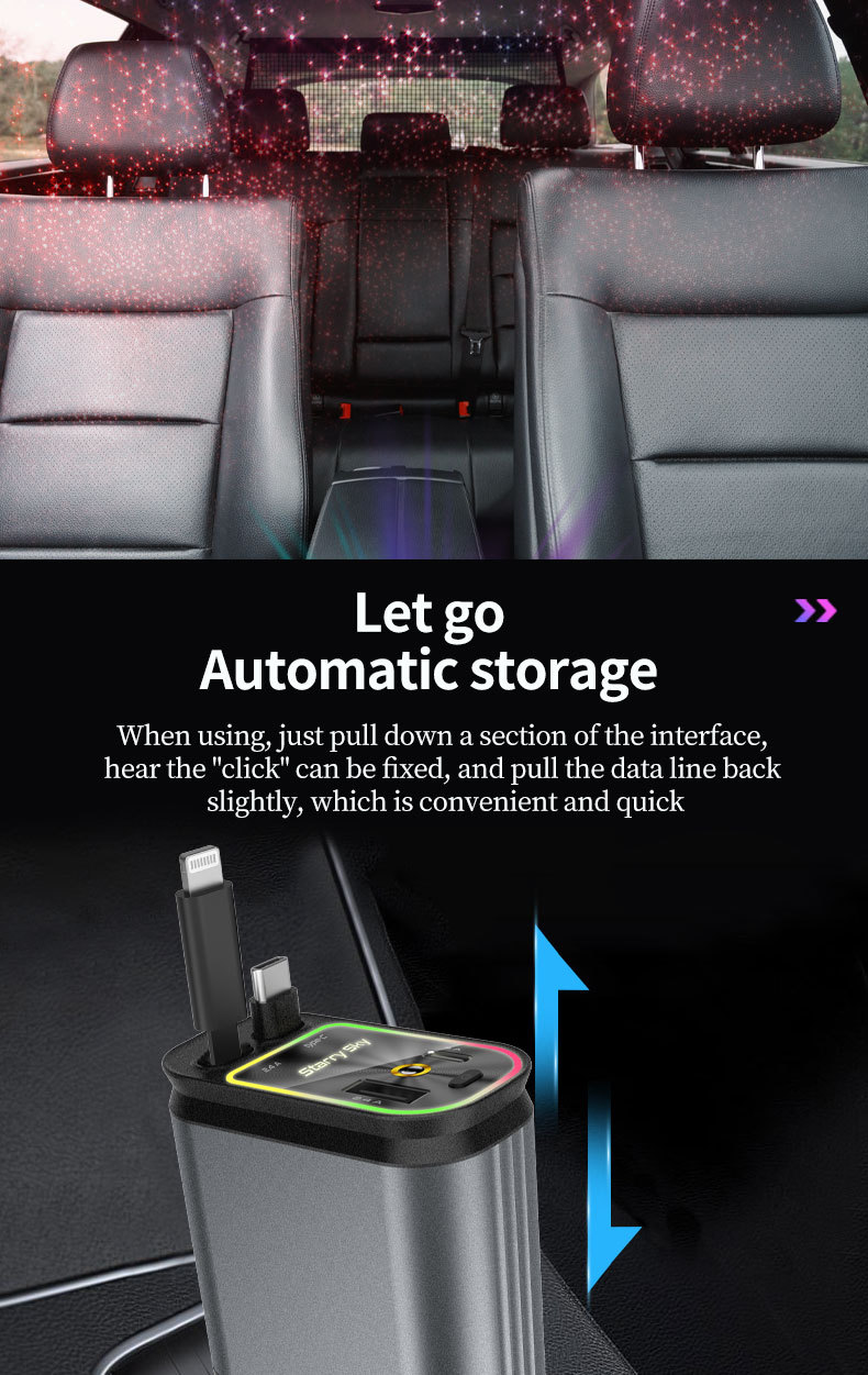 Cross-Border Car Charger Four-In-One Starry Sky Projection Retractable Data Cable Car Charger Super Fast Charging Full Protocol
