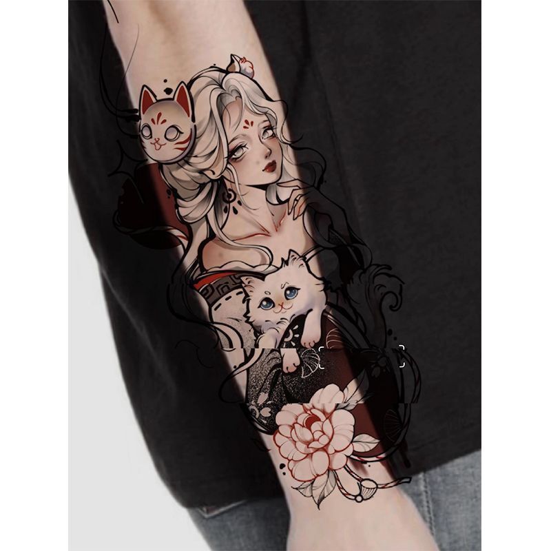 Fox Hannya Geisha Tattoo Sticker Arm Waterproof Long-Lasting Personalized Male Flower Arm Realistic