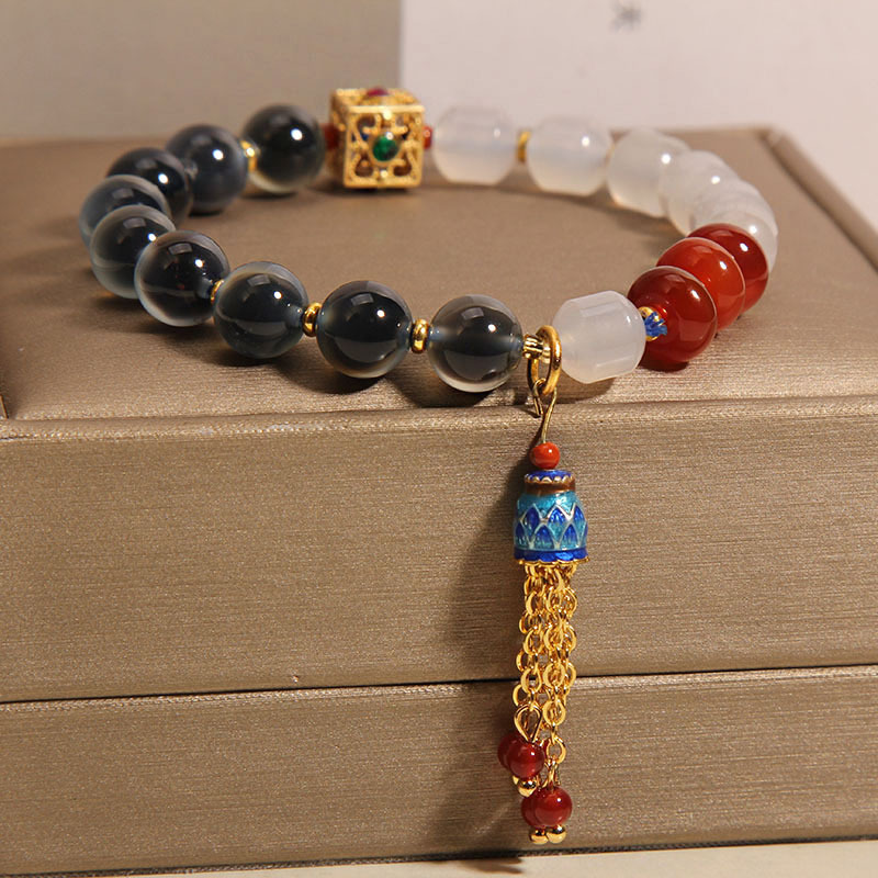 Pulseras de ágata azules naturales, pulseras de ágata blanca de corte retrógrada, pulseras de ágata blanca de nicho chino para mujeres