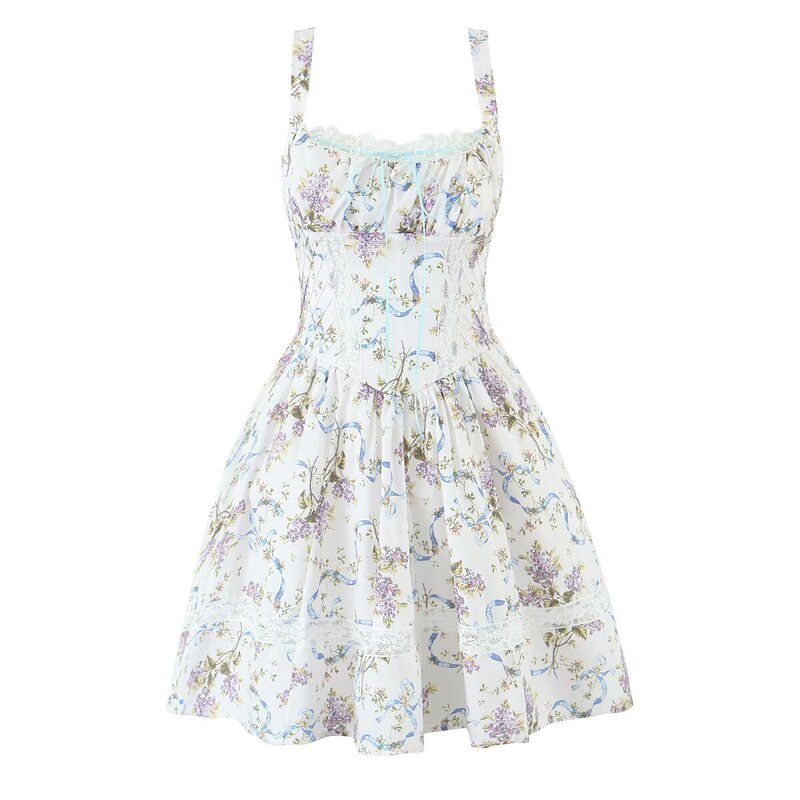 House French Style Romantic Fresh White Floral Print Lace Slimming Mini Sling dress