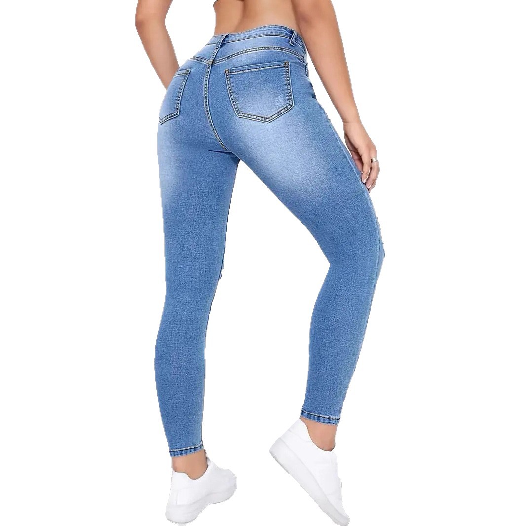 2025 European And American Foreign Trade New Fashion High Waist Hole Elastic Tight Versatile Pants Denim Trousers Women_voghion.com