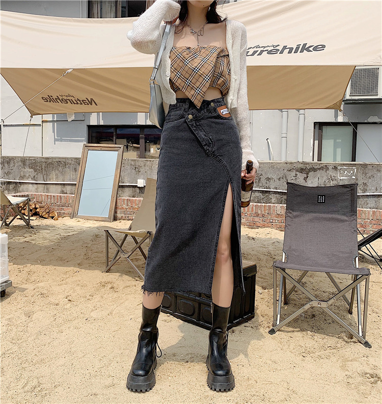 Falda de mezclilla de cintura alta dividida de las mujeres de talla grande Otoño Nuevo estilo hermana gorda Una línea de adelgazamiento falda de longitud media image 7