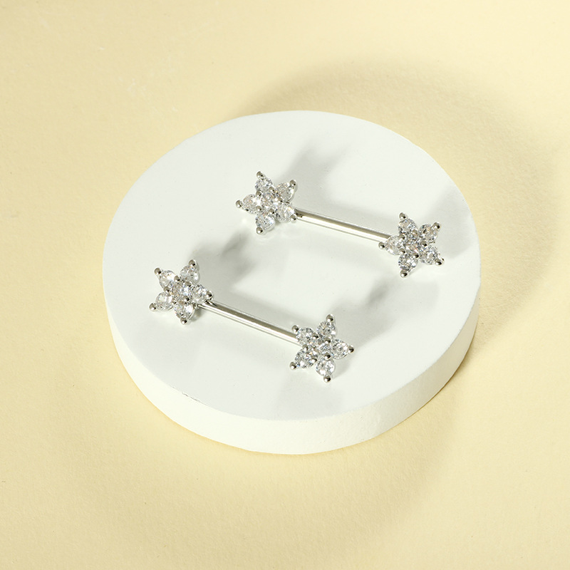 14G Micro-Inlaid Zircon Peach Heart Nipple Ring Stainless Steel Flower Nipple Piercing Jewelry for Women Sold in Pairs detail image 8