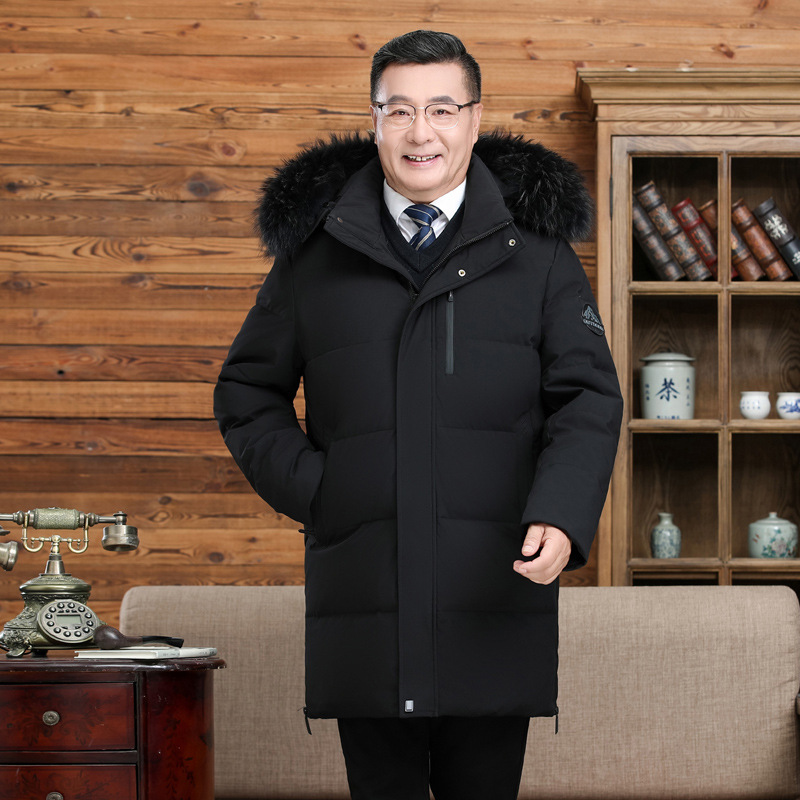 화이트 구스 다운 롱 다운 재킷 남자와 아빠를위한 겨울 화이트 구스 다운 무릎 따뜻한 두꺼운 플러스 사이즈 구스 다운 재킷
