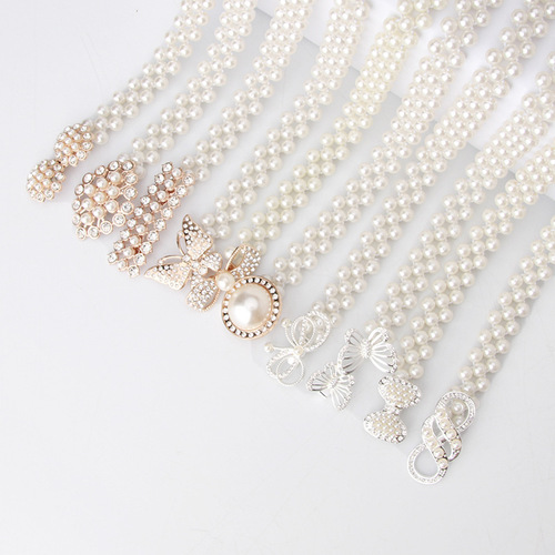 Women's Pearl Waist Chain Korean Style Rhinestone Pearl Decorative Belt Fashion Sweet Dress Elastic Belt Women Wholesale