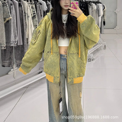 SMFK神殿花园牛仔阔身帽衫时尚重工抽绳上衣提花复古外套2025女秋