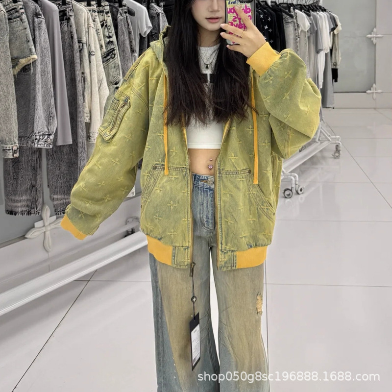 SMFK神殿花园牛仔阔身帽衫时尚重工抽绳上衣提花复古外套2025女秋|undefined