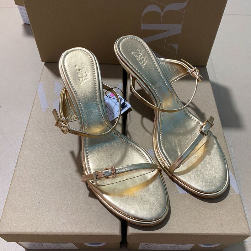 Za 2025 New Autum Style One-Word Buckle Fashionable Metal Stiletto Heels Open Toe Elegant Sexy Slippers for Women