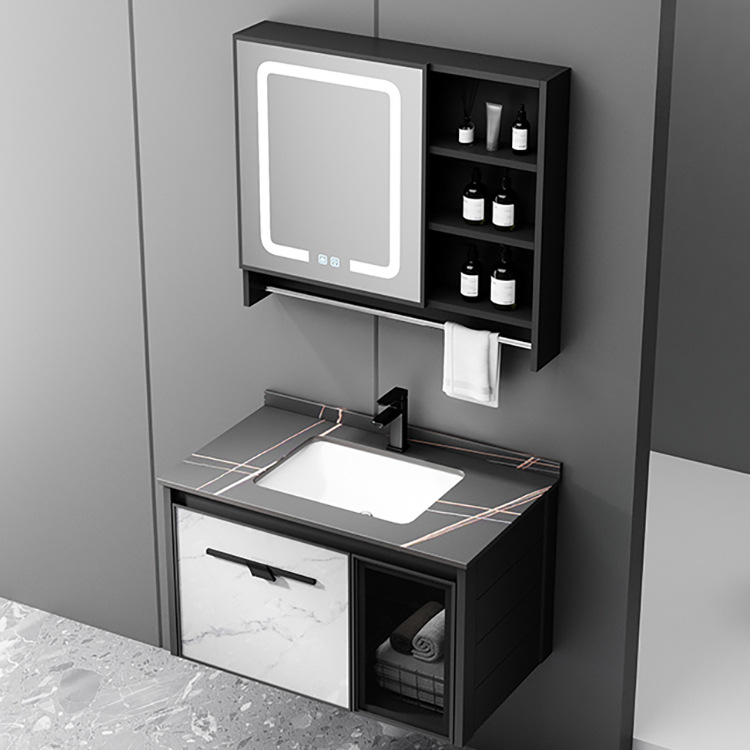 Aluminio del espacio pequeño apartamento baño gabinete combinación cerámica integrado Lavado de Manos cara roca placa lavabo espejo inteligente gabinete