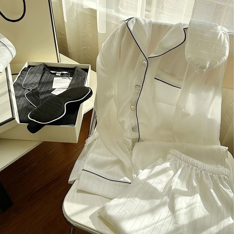 Online celebrity live couple pajamas women's spring ice silk thin long sleeve cute ins style high-looking men's home wear