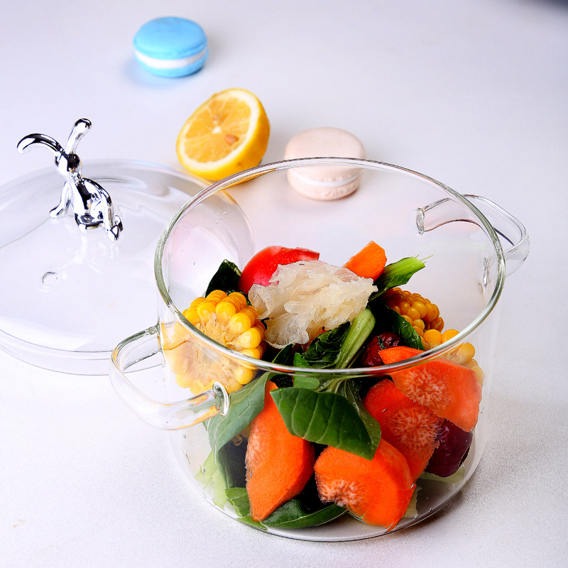 Olla de vidrio de borosilicato olla de sopa doméstica olla de estofado olla de fideos instantáneos de doble oreja olla de leche transparente olla de doble oreja