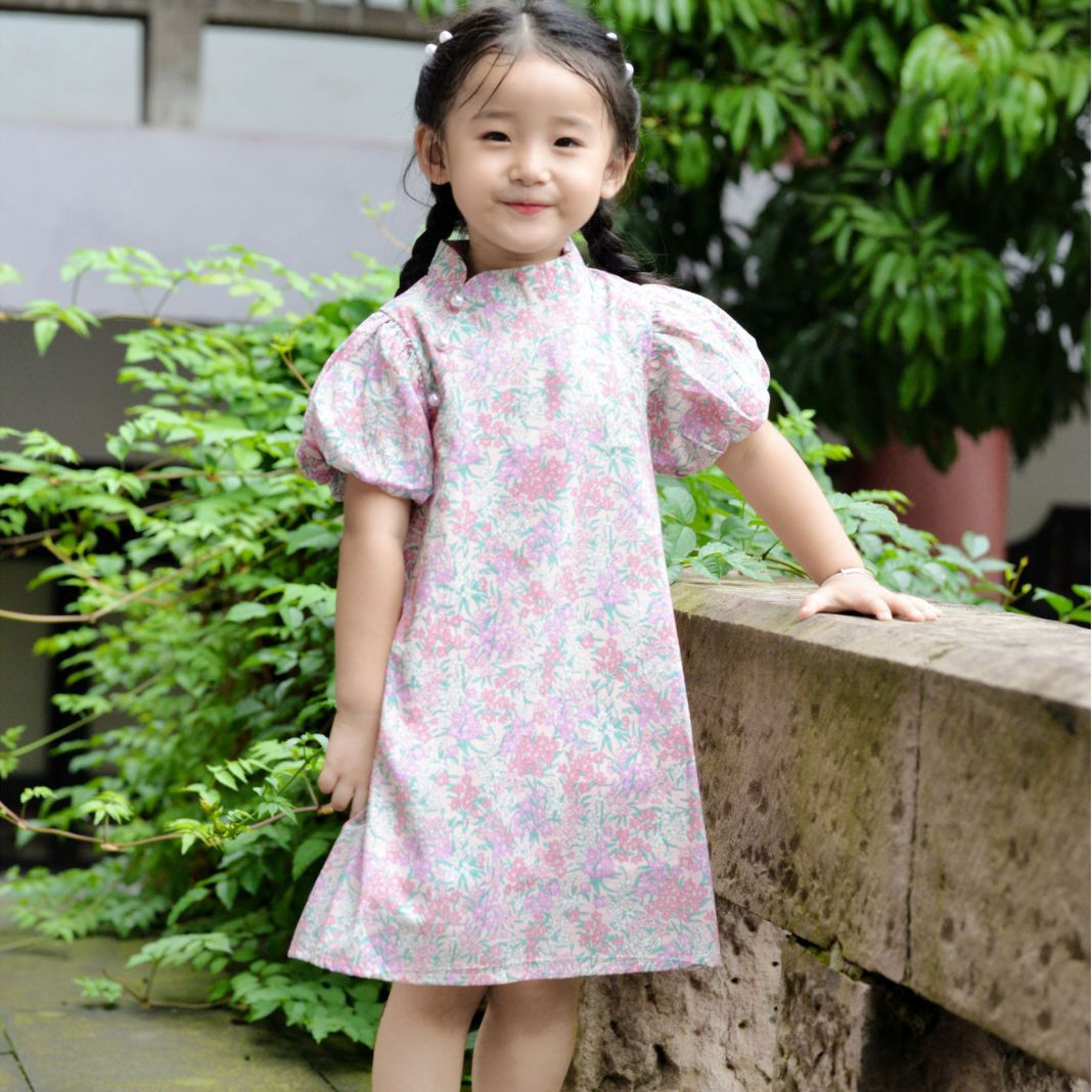 Girls' Cheongsam Dress 2026 Summer New Style Puff Sleeve Fashionable Children's Dress Baby Floral Dress Trendy Style