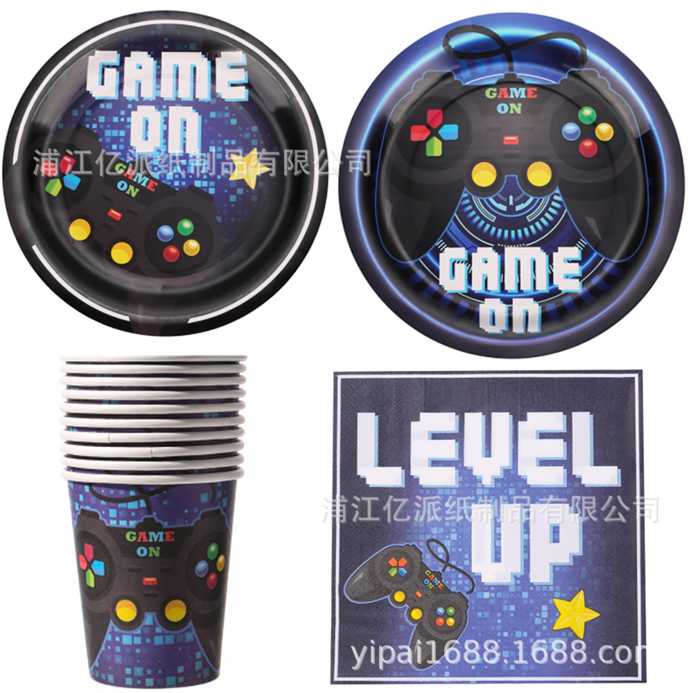 Juegos azules consola de juegos tema set de fiesta desechable cubiertos bandeja de papel toallas de papel taza decoración