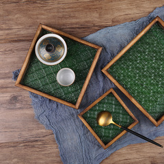 復古風海棠花玻璃托盤實木長方形小茶盤水杯子收納水果盤點心盤