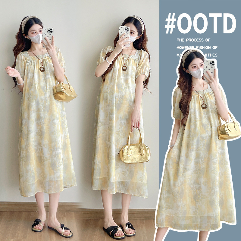 Maternity Dress for Summer, Trendy New Style for Moms, Light Yellow French Square Neck, Loose Fit, Slimming, Gentle, Thin, Short-Sleeved, Long Style Maternity Dress for Summer, Trendy New Style for Moms, Light Yellow French Square Neck, Loose Fit, Slimming, Gentle, Thin, Short-Sleeved, Long Style