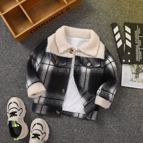 INS Kids' Spring and Autumn Collarless Plaid Padded Lapel Single-Breasted Fleece Casual Jacket for Boys