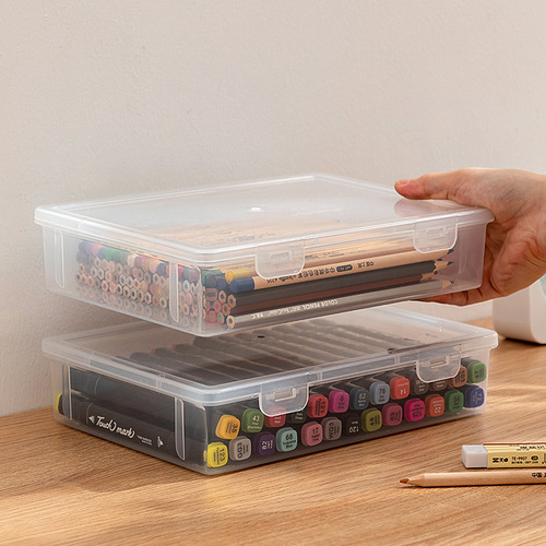 Transparent storage box for stationery, large capacity, can hold pens, markers, colored pencils, organizational storage box, stackable