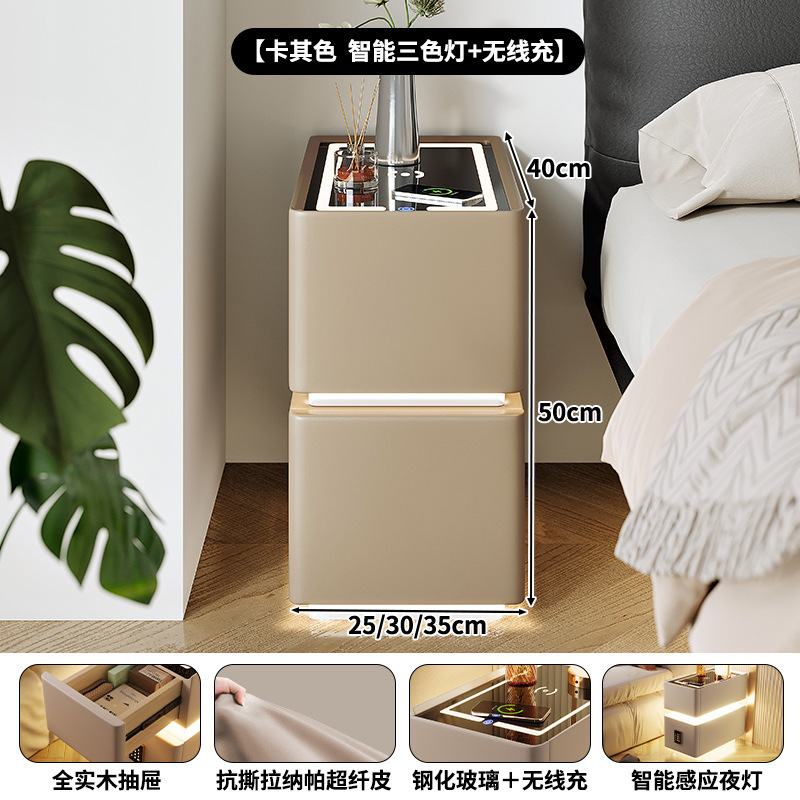 Mesita de noche inteligente, pequeña lámpara de banda ultra estrecha, cargador inalámbrico, gabinete de almacenamiento de dormitorio doméstico, gabinete estrecho con borde de cama de apartamento pequeño