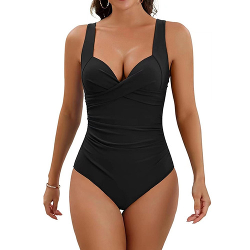 2025 European and American Style Crossed Backless Bikini One-piece Swimsuit Sexy Solid Color Belly-Covering Swimwear