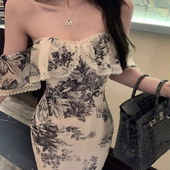 [墨染め青と白] 中国風スクエアネックヒップカバーショートスカート女性用夏ウエスト痩身胸パッド付きドレス