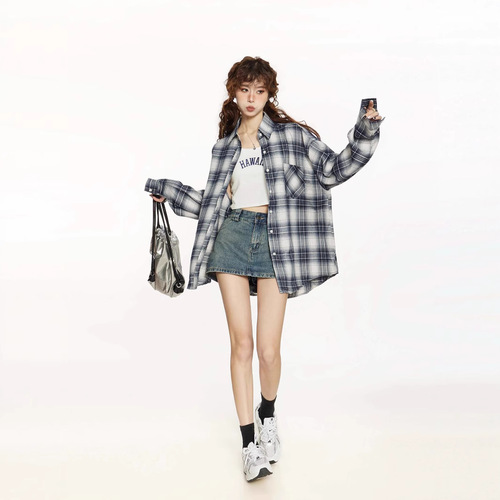 Vintage Gingham Shirt Jacket for Women - Spring and Summer New Arrival Korean Style Design Sensory Loose Casual Blouse - Versatile Top