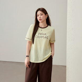Casual Versatile Color-Block Neckline Slimming T-Shirt Plus Size Women's Clothing for Curvy Women 2025 Summer New Style