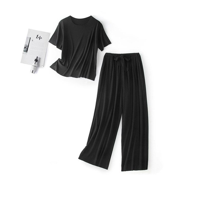 Japanese-Style High-End Maternity Pajamas Short-Sleeve Wide-Leg Pants Set Seamless Pullover Round Neck Outerwear Home 2-Piece Set