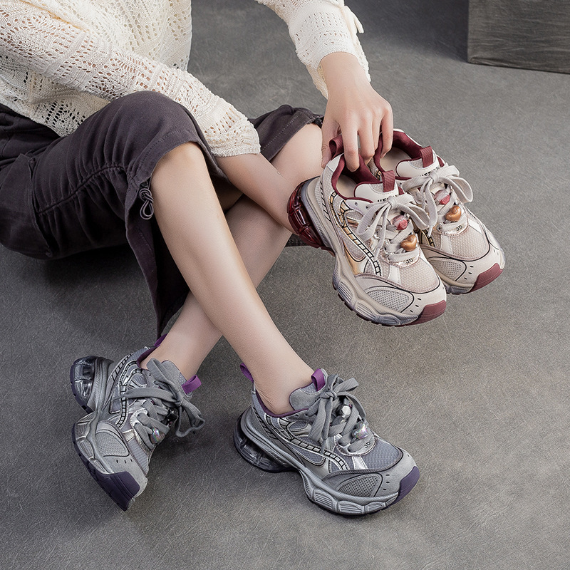 Jiezu 2025 Autumn and Winter New First-Layer Cowhide Casual Sports Women's Dad Shoes Fashionable and Versatile Lightweight Front Lace-Up