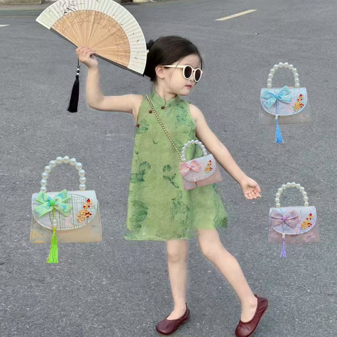 Bolsas de niños arco de estilo chino borda de niña pequeña princesa perla bolsa de cambio de mano al por mayor
