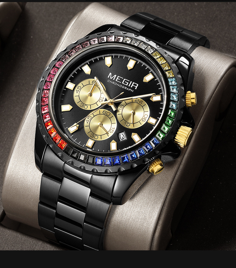 Orologio al quarzo da uomo con strass e lunetta arcobaleno_voghion.com