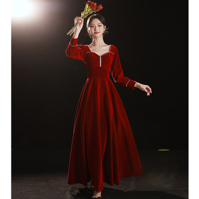 Toast Wine velvet Evening Dresses bride long sleeve winter wine red engagement dress Cocktail Banquet host singers choir Long Gown velvet French bridal dresses