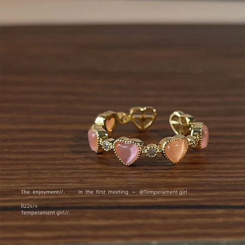 Glass Pink Cat's Eye Love Ring 14K Plated Sweet Ring Open Adjustable Ring Factory Hand Jewelry