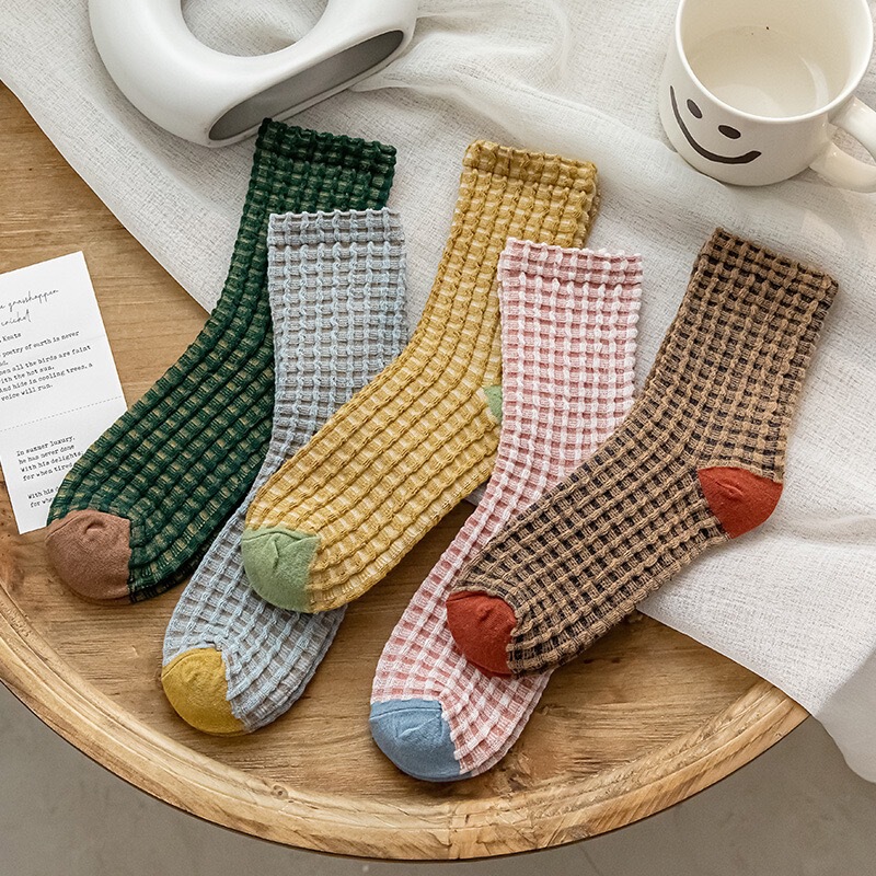 Korean Women's Socks 2025 Autumn and Winter New Checkerboard Color-Blocked Mid-Calf Cotton Socks Korean Style Ins Houndstooth Sweat-Absorbent Long Socks